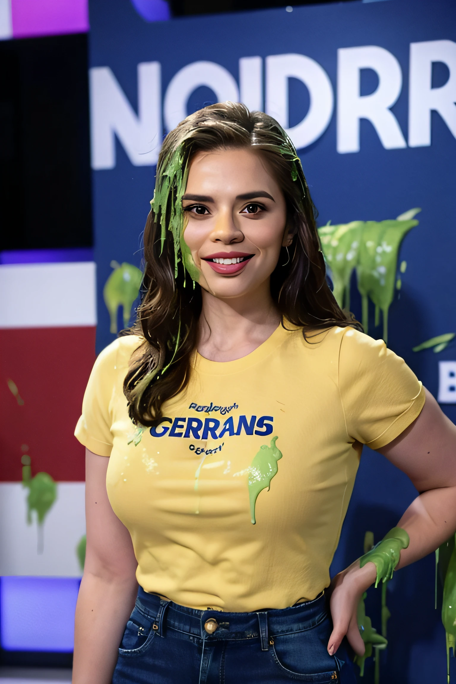 8k, HD, masterpiece, photo-realistic, extreme texture, Hayley Atwell, (1 woman: 1.2), (tan skin: 1.1), wearing a (crew neck t-shirt and jeans) business attire, standing, view from above, she looks up at camera, (slime drips down into her open mouth: 1.5), (television gameshow:1.2), Nickelodeon awards show, television studio