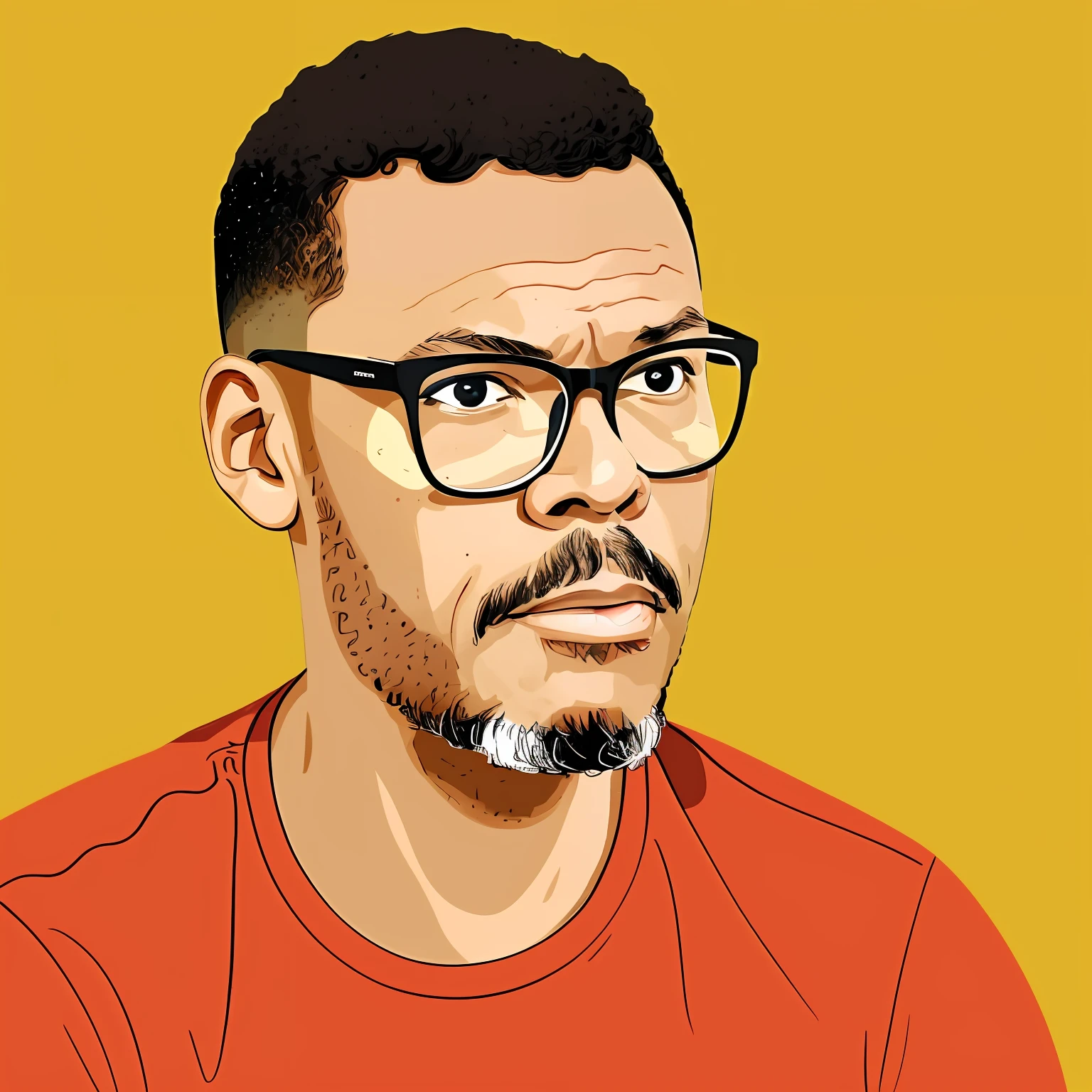 guttonervision8, 2d illustration of light brown skinned man wearing glasses, short hair, olhos castanhos, estilo dos desenhos animados, estilo adesivo com borda branca