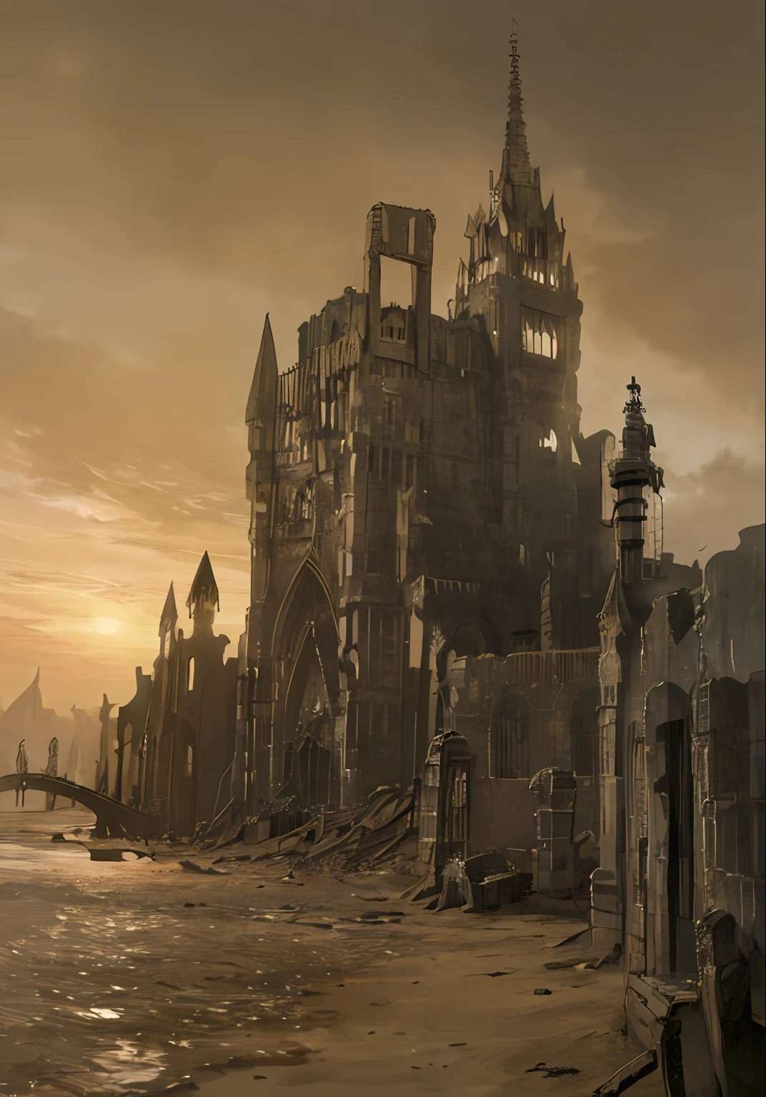 The gloomy landscape of the ruins of the city, buried in the sand ...