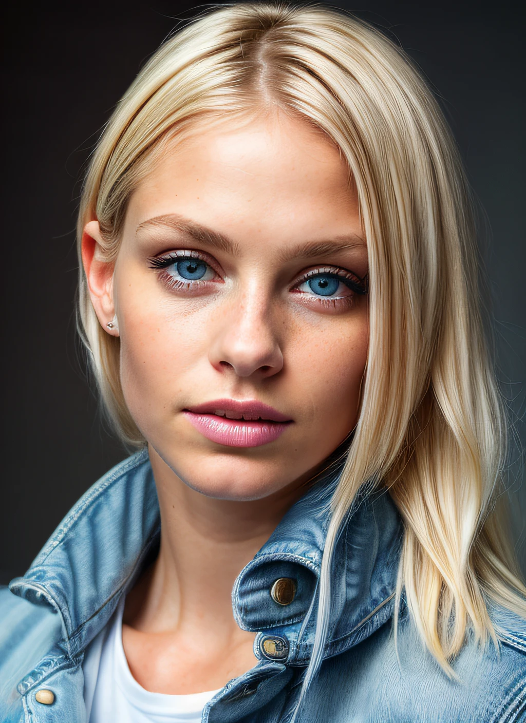 Portrait of skswoman, hopeful, wearing jeans jacket, soft light blue eyes, with blond hair, background dungeon epic (photo, studio lighting, looking at the camera, centered, dslr, Sony a7, 50 mm, matte skin, detailed glossy eyes, high detailed skin, pores, colors, hyperdetailed, hyperrealistic, high resolution scan, fine details)