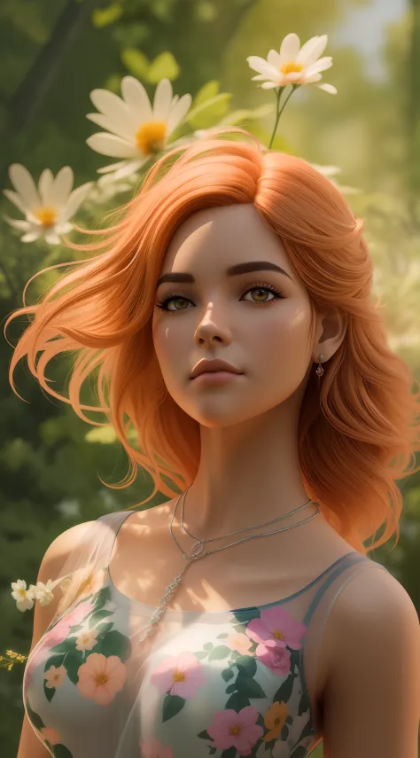 uma mulher bonita, peach hair, surrounded by trees, vestido transparente, cabelo explodindo em flores multicoloridas, finely det...