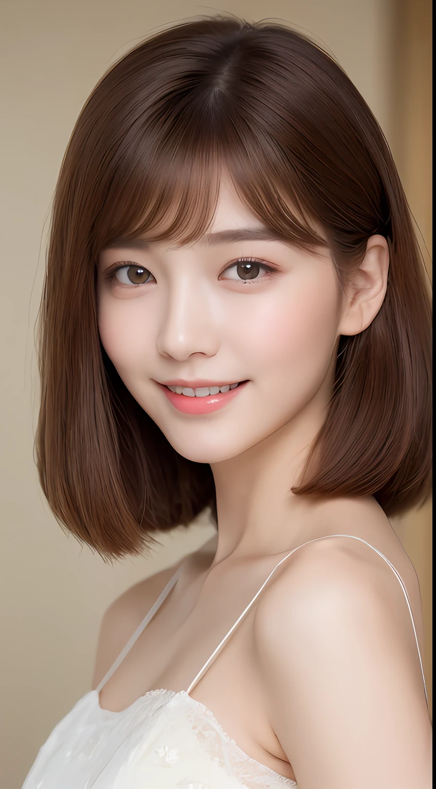 ((Best Quality, 8K, Masterpiece: 1.3)), 1 Girl, Slim Abs Beauty: 1.3, (Hairstyle Brown Hair Shortcut, Big: 1.2), Dress: 1.1, Super Slender Face, Delicate Eyes, Double Eyelids, Smile, Home, Raw Photo