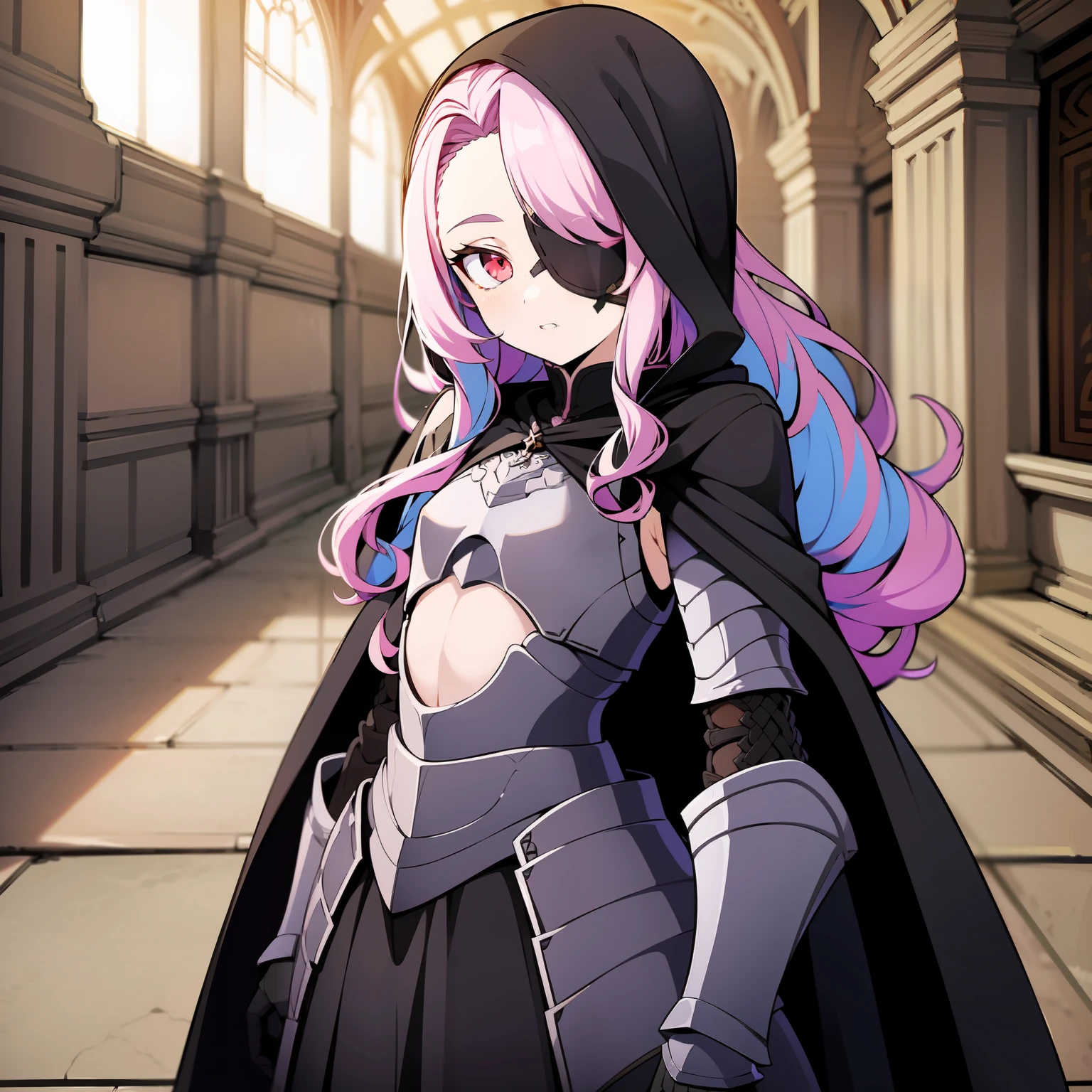 masterpiece, best quality, sharp focus, absurdres, ++ 1girl, solo, fantasy, light purple hair, very long hair, curly hair, french braid, single sidelock, forehead, eyepatch, one eye covered, black eyepatch, black eyepatch, red eyes, pink eyes, multicolored eyes, parted lips, small chest, flat chest, loli, armored dress, pelvic curtain, armour skirt, dark purple armor, black cape, long cape, dollgirl, doll joints, ++ upper body shot, zoom out, standing, looking at viewer, cold, neutral, hands out of frame