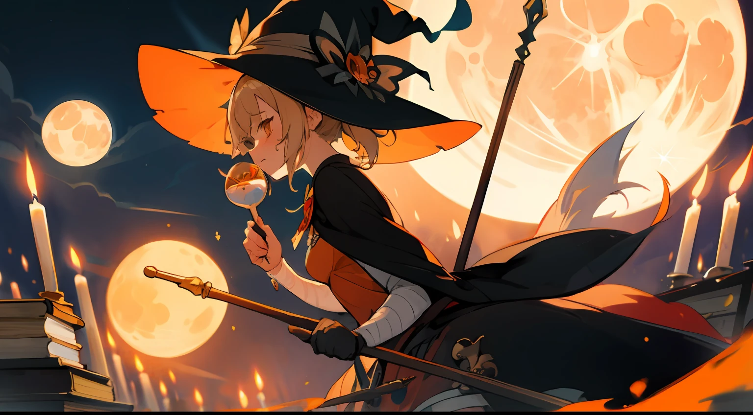 1girl, illustration, Yoimiya, big witch hat, magic broom, night time, magical, full moon, cartoon ghosts, candle, magic wand, potions, books