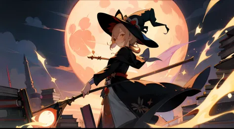 1girl, illustration, Yoimiya, big witch hat, magic broom, night time, magical, full moon, cartoon ghosts, candle, magic wand, po...