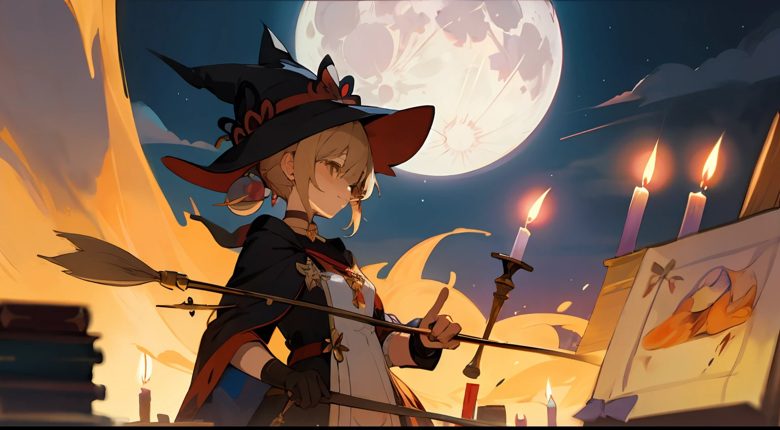 1girl, illustration, Yoimiya, big witch hat, magic broom, night time, magical, full moon, cartoon ghosts, candle, magic wand, potions, books