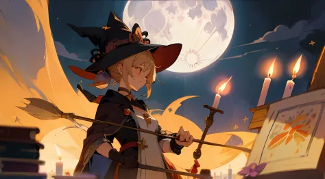 1girl, illustration, Yoimiya, big witch hat, magic broom, night time, magical, full moon, cartoon ghosts, candle, magic wand, po...