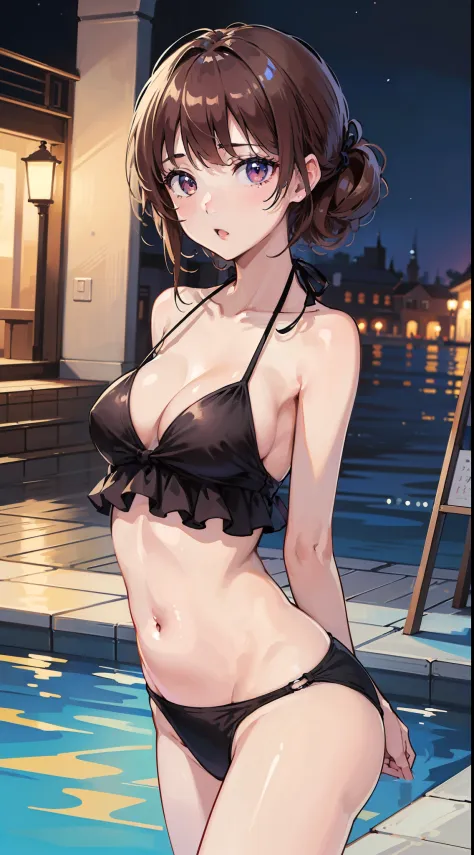 ((top-quality、8k、​masterpiece:1.3))、1girl in、The bikini、Night Pool、Cute anime illustration、