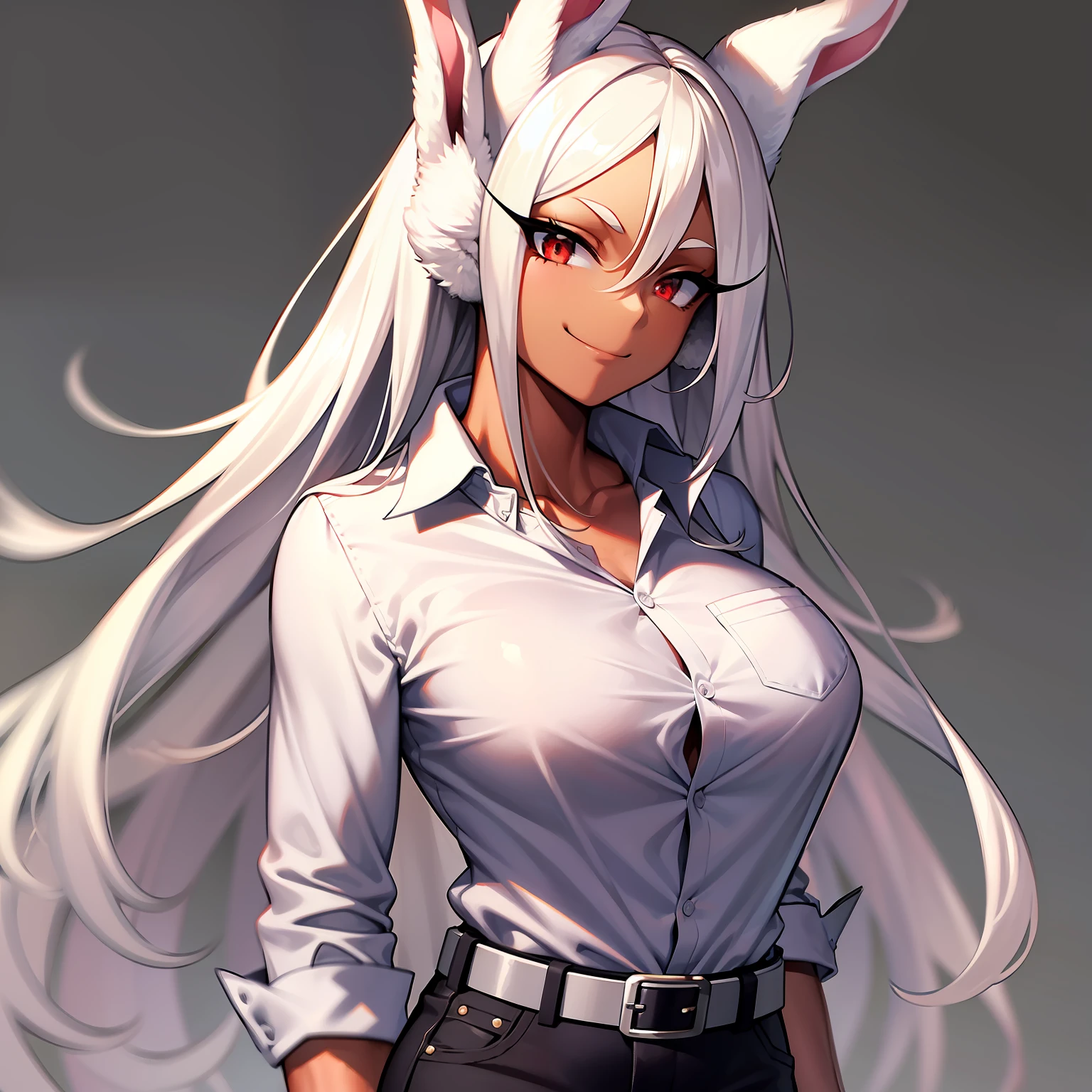 mirko mha, 1girl,solo,dark-skinned female, dark skin, large breasts, white shirt, belt , collarbone, collared shirt, formal, shirt tucked in, black pant,looking at viewer, white background, rabbit ears, rabbit girl, white hair, long hair, muscular female, red eyes, smile, happy