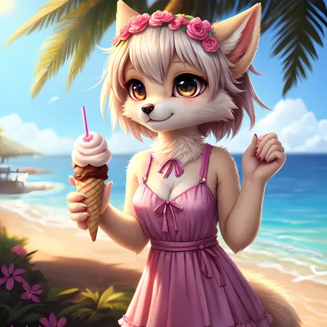 cute dragon, anthro, female, ((detailed fluffy fur)), in cute summer dress with flowers pattern, holding ice-cream in her hands,...