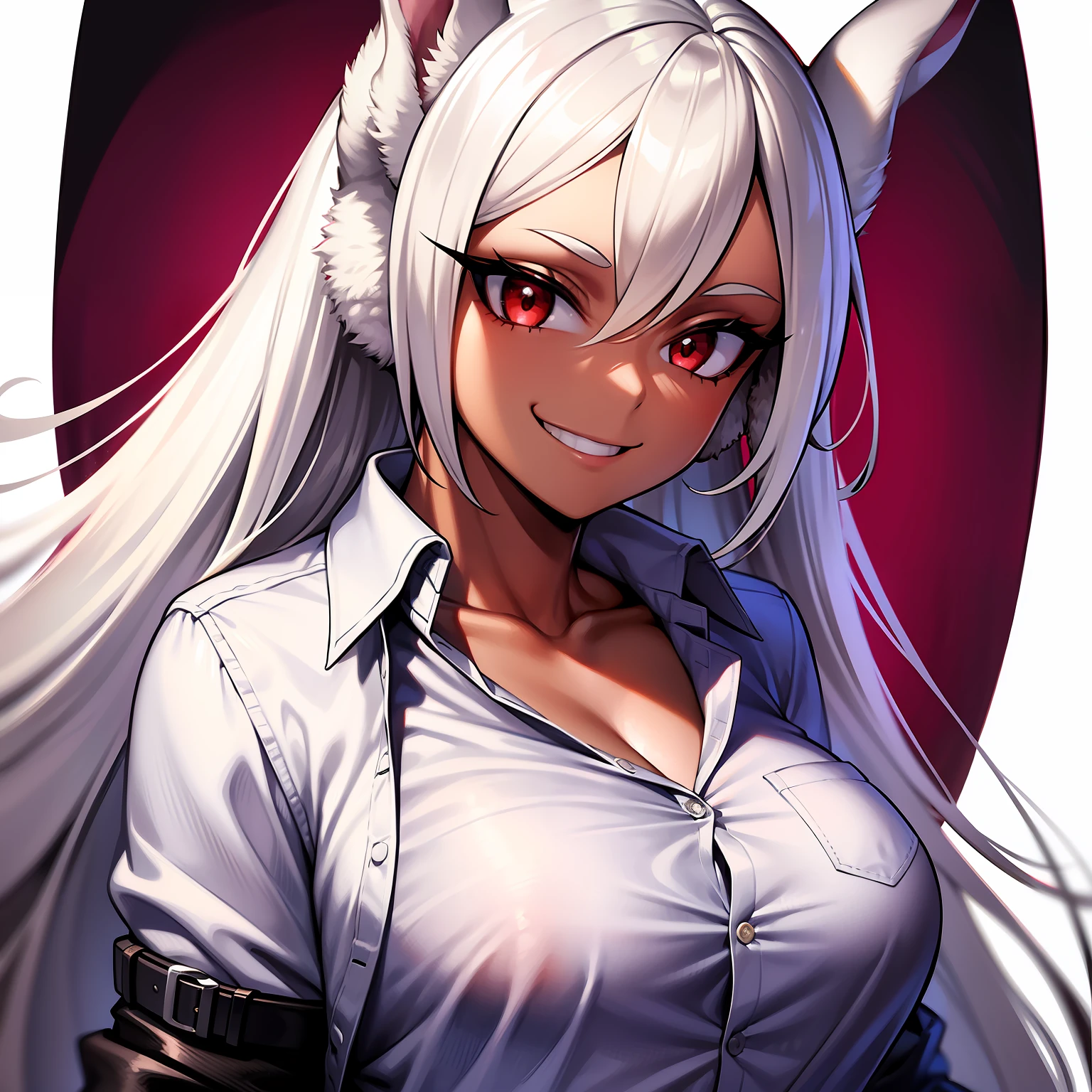 mirko mha, 1girl,solo,dark-skinned female, dark skin, large breasts, white shirt, belt , collarbone, collared shirt, formal, shirt tucked in, black pant,looking at viewer, white background, rabbit ears, rabbit girl, white hair, long hair, muscular female, red eyes, smile, happy