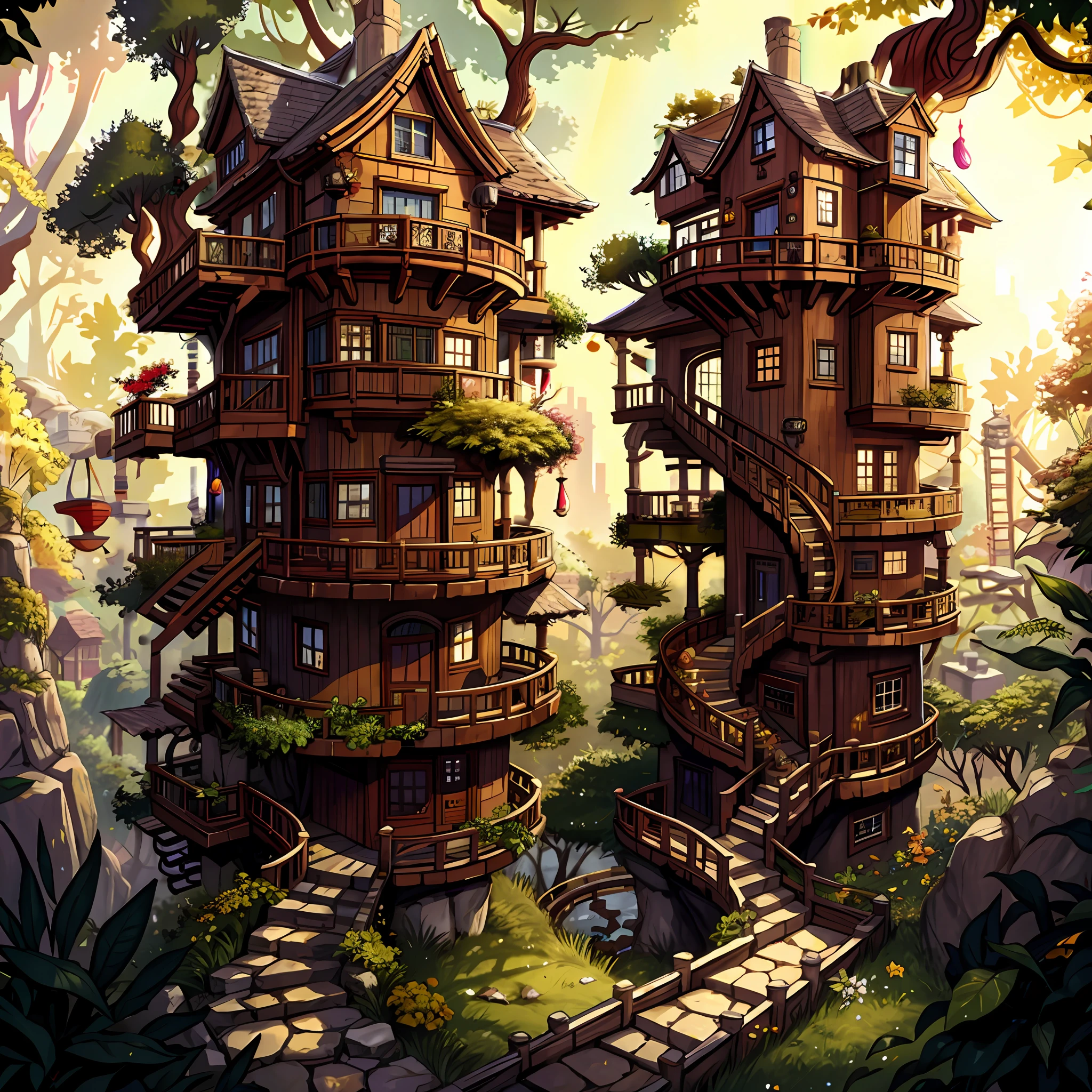 masterpiece, best quality, perfect lighting, sharp focus, elven forest village, (multistory tree houses everywhere: 1.4), uniform arrangement, paths, spiral stairs around trees, wolf children pedestrians