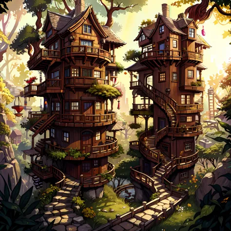masterpiece, best quality, perfect lighting, sharp focus, elven forest village, (multistory tree houses everywhere: 1.4), unifor...