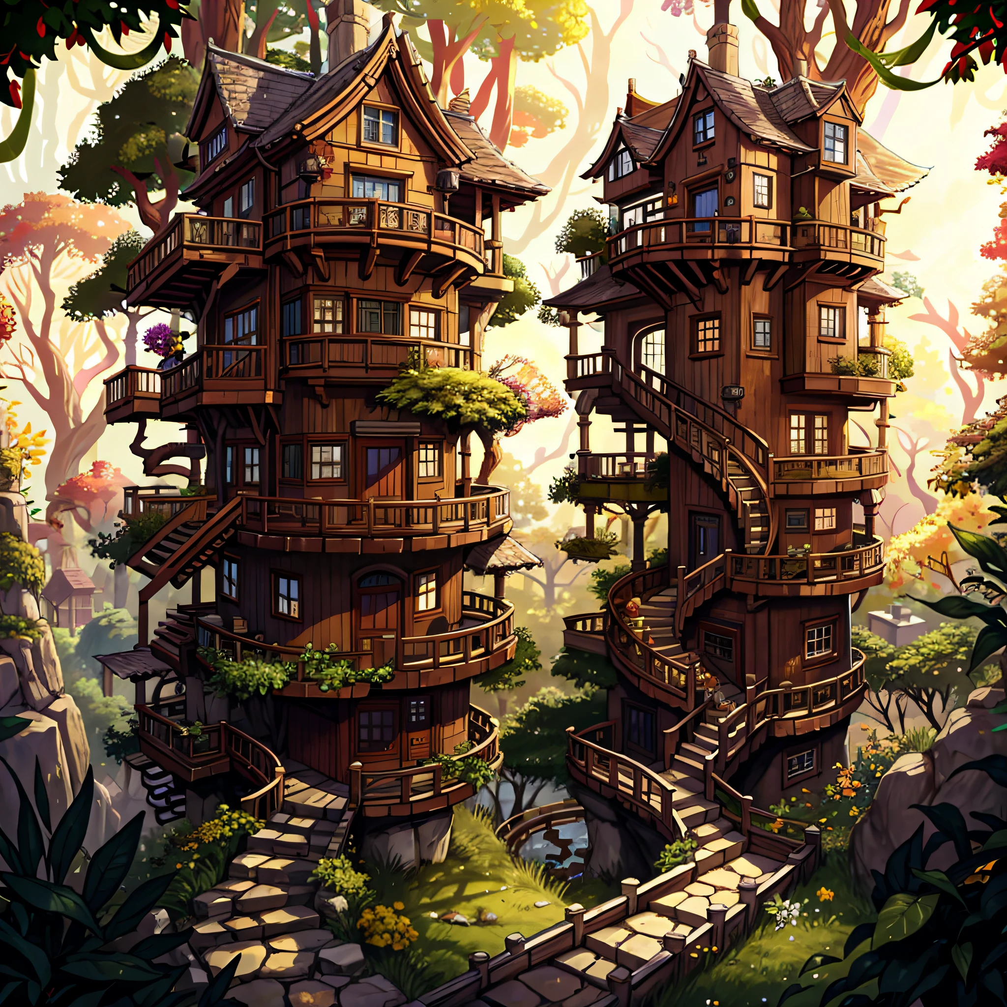 masterpiece, best quality, perfect lighting, sharp focus, elven forest village, (multistory tree houses everywhere: 1.4), uniform arrangement, paths, spiral stairs around trees, wolf children pedestrians, dense forest background