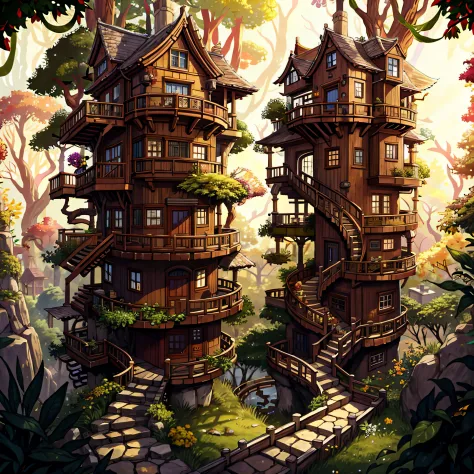 masterpiece, best quality, perfect lighting, sharp focus, elven forest village, (multistory tree houses everywhere: 1.4), unifor...