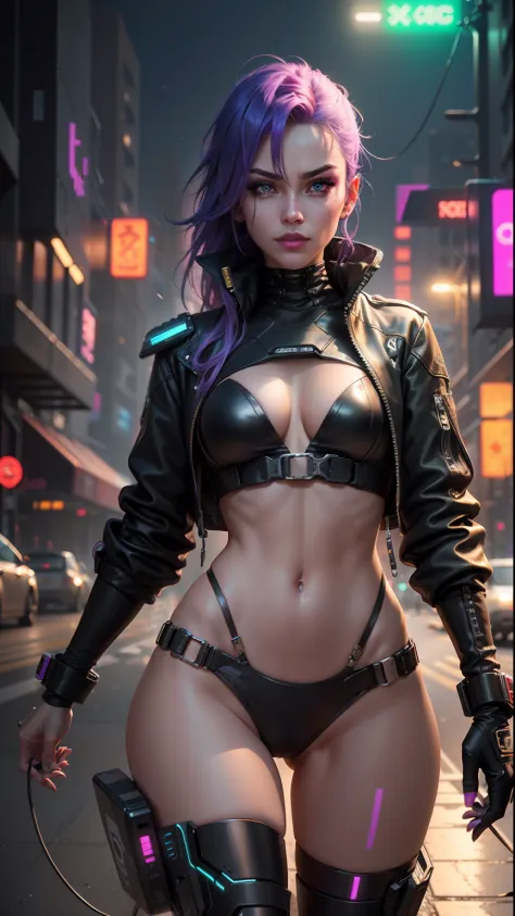 In a futuristic cyberpunk city, a mesmerizing hot girl with neon-purple hair, glowing cybernetic enhancements, and a sleek black leather jacket navigates the bustling streets with confidence and allure. Her piercing cybernetic eyes and enigmatic smirk hint...