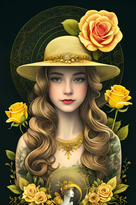 a woman with a hat and a rose tattoo design, arte vetorial em