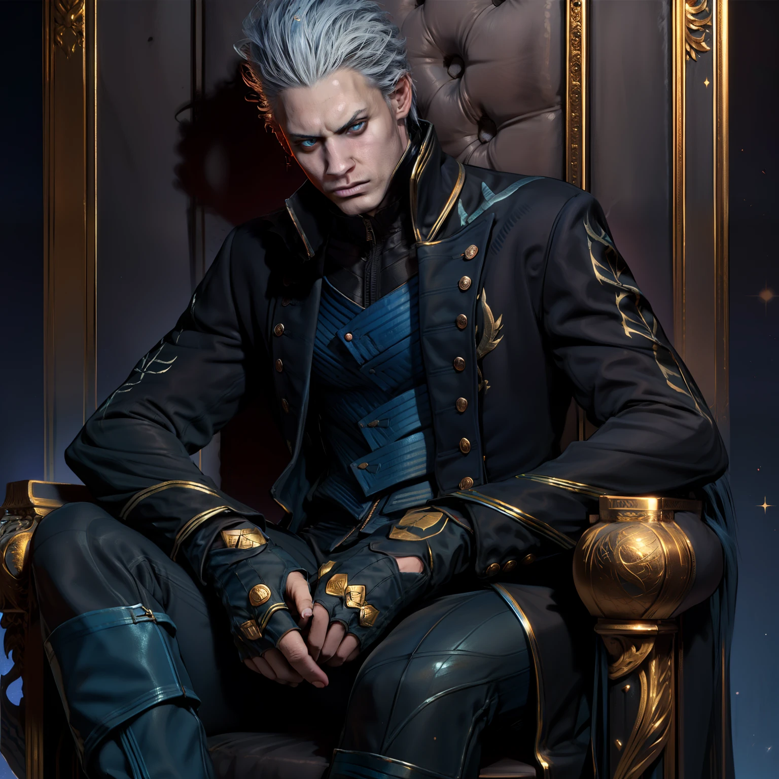 "1 Man, 20-year-old Teenager, Dark Blue Wide Collar, Hair slicked back, Sparkling blue eyes, Serious expression, Sitting on a throne."