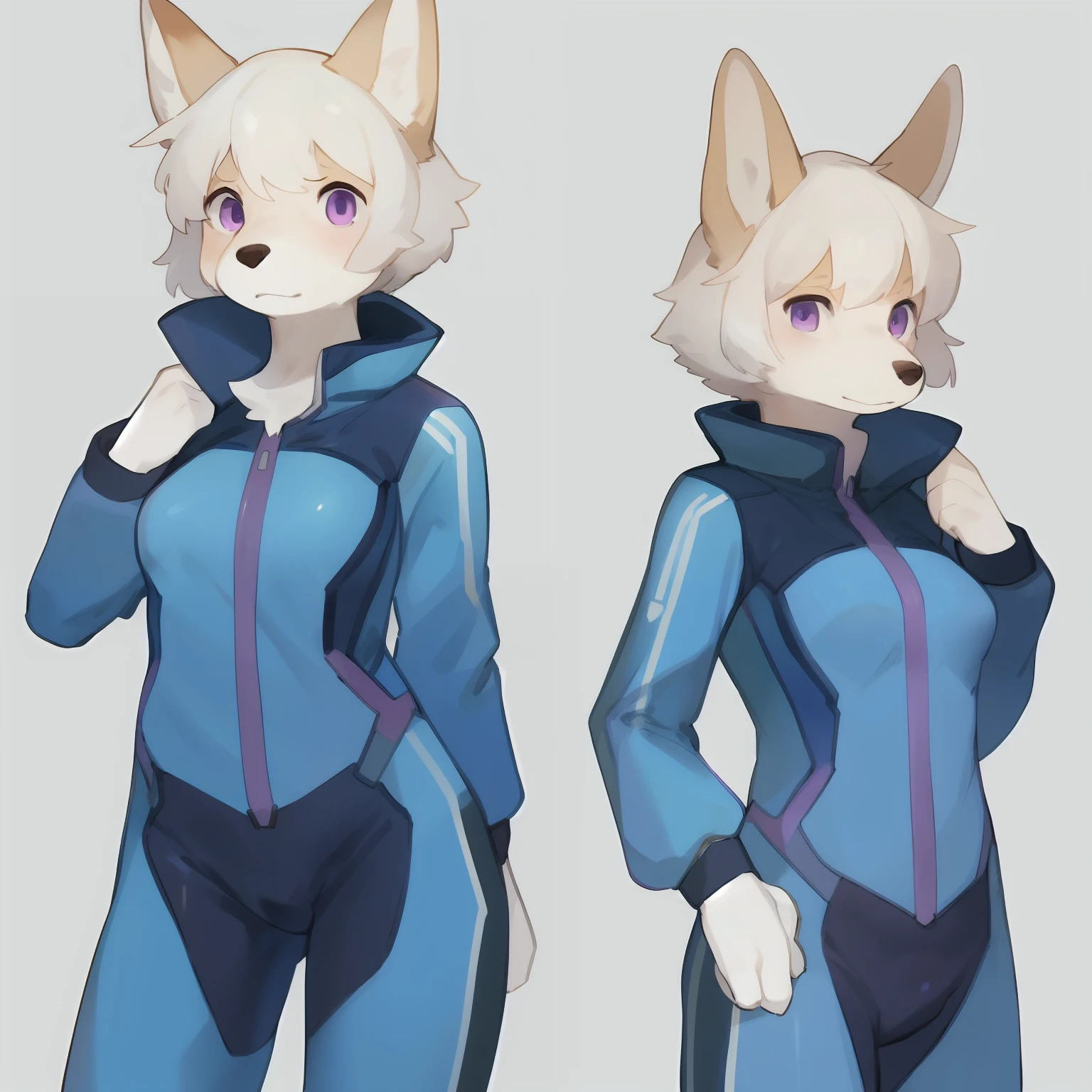 Solo, female, standing, canine, snout, corgi, medium breasts, short white hair, simple background, purple eyes, by bebebebebe, small bulge, blue spacesuit