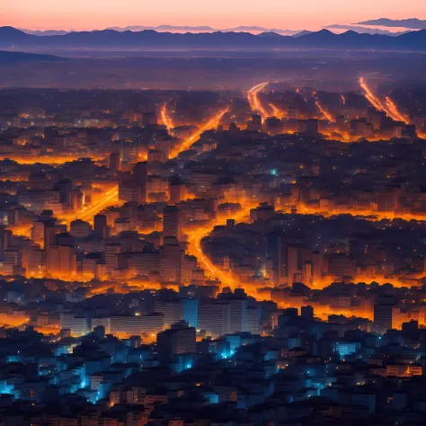 noche de ciudad estrellada, la ciudad esta ardiendo con llamas azules, centro de la ciudad,ciudad de cerca, ((punto de vista de ...