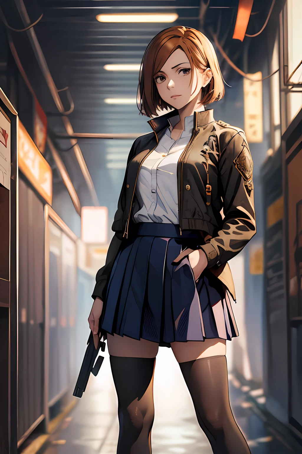 1girl, cowboy shot, beautiful Nobara, school_uniform, bangs, jacket,, volumetric lighting, best quality, masterpiece, intricate details, tonemapping, sharp focus, hyper detailed, trending on Art Station, 4k,full body