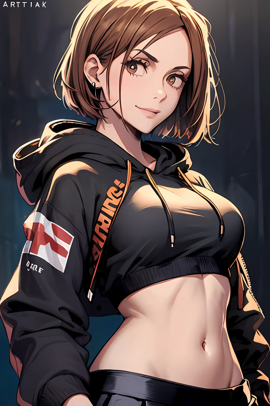 1girl, beautiful NobaraJK, long_sleeves, hood, hood_down, hoodie, skirt, smile, cropped_hoodie, navel, crop_top, nail_polish, stomach, black_hoodie, black_skirt, midriff, pleated_skirt, volumetric lighting, best quality, masterpiece, intricate details, tonemapping, sharp focus, hyper detailed, trending on Artstation,