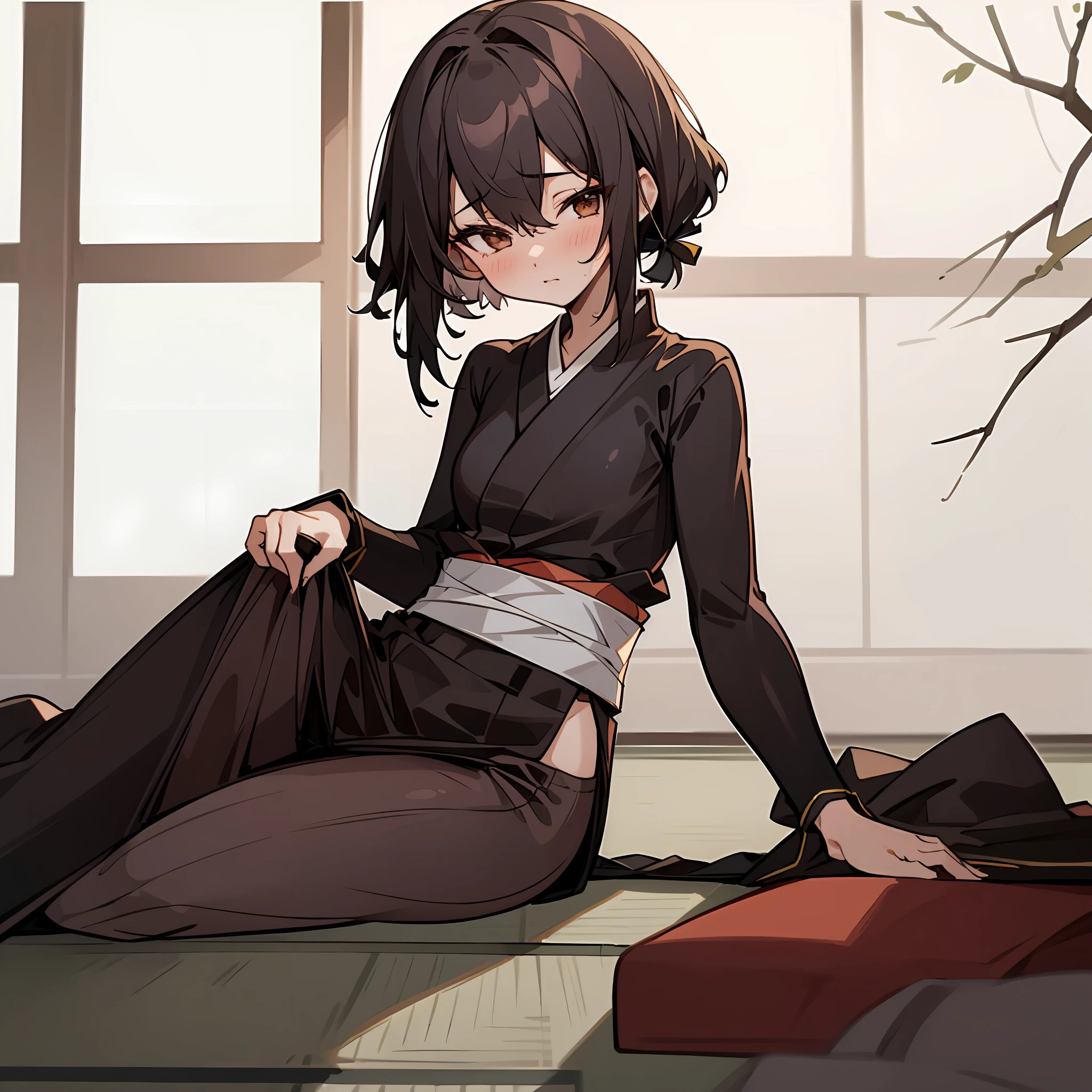 1 girl,​masterpiece,small tits,Short hair,(top-quality),Perfect Anatomy,sitting on,(high details),A side leakage ninja costume,inside in room,traditional Japanese room,tatami floor,scroll,