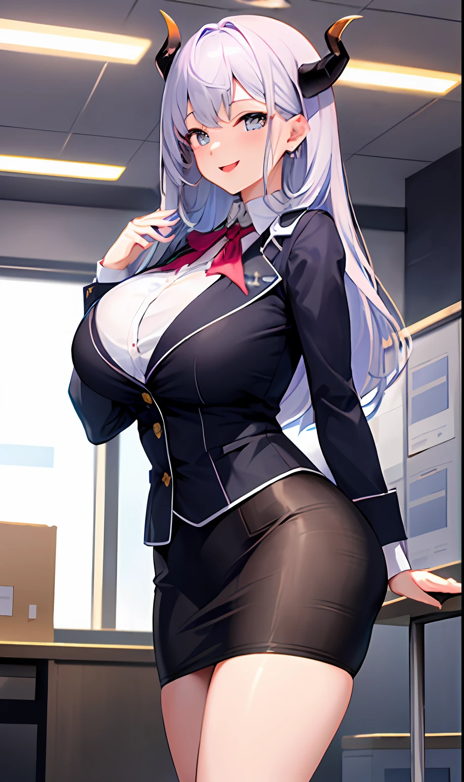 Anime character in a short skirt posing in an office - SeaArt AI