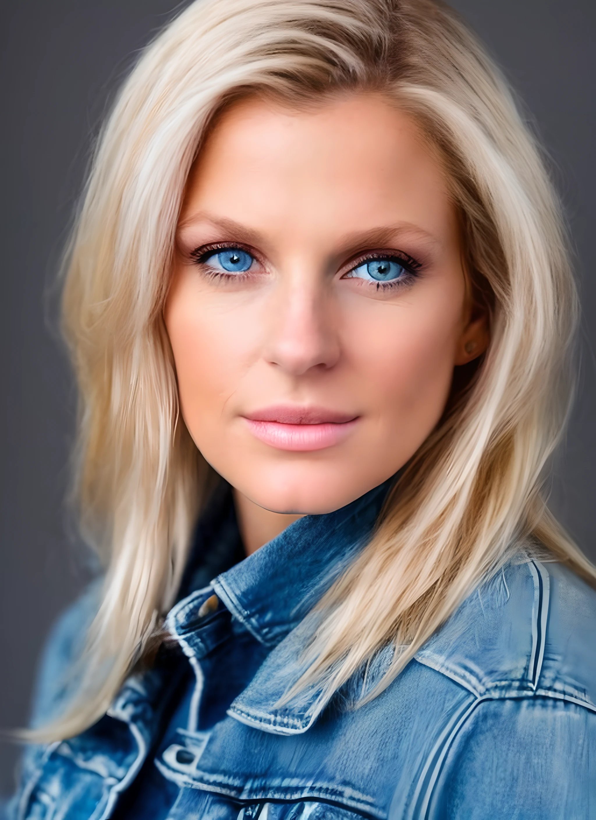 Portrait of skswoman, hopeful, wearing jeans jacket, soft light blue eyes, with blond hair, background dungeon epic (photo, studio lighting, looking at the camera, centered, dslr, Sony a7, 50 mm, matte skin, detailed glossy eyes, high detailed skin, pores, colors, hyperdetailed, hyperrealistic, high resolution scan, fine details)