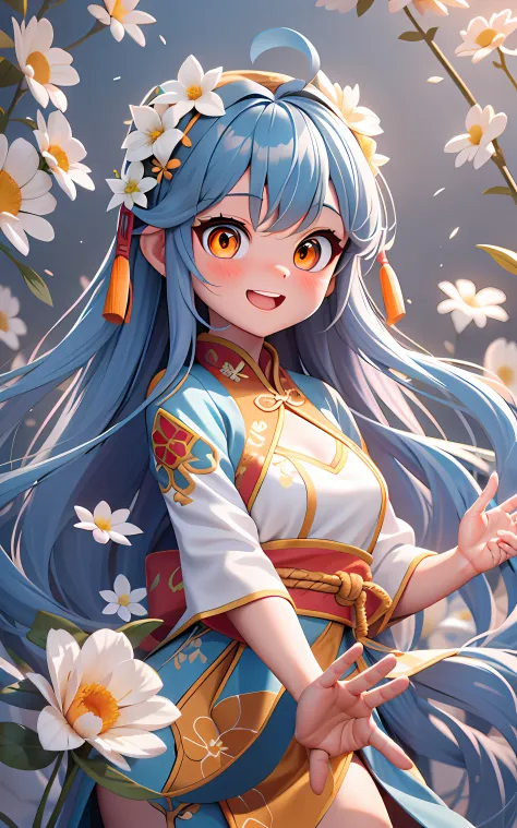 by Pixar，独奏, 1girll，adolable，Blue long hair，There are white flowers on the hair，Orange pupils，Dressed in ancient Chinese costume...