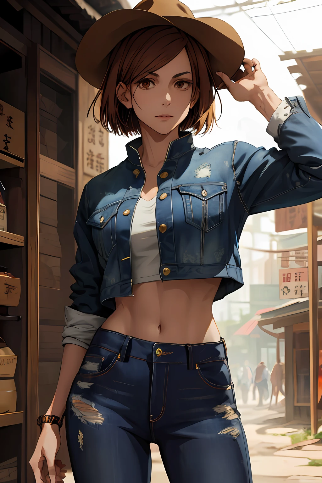 1girl, cowboy shot, beautiful Nobara, crop top, jeans, bangs, jacket,, volumetric lighting, best quality, masterpiece, intricate details, tonemapping, sharp focus, hyper detailed, trending on Art Station, 4k,full body