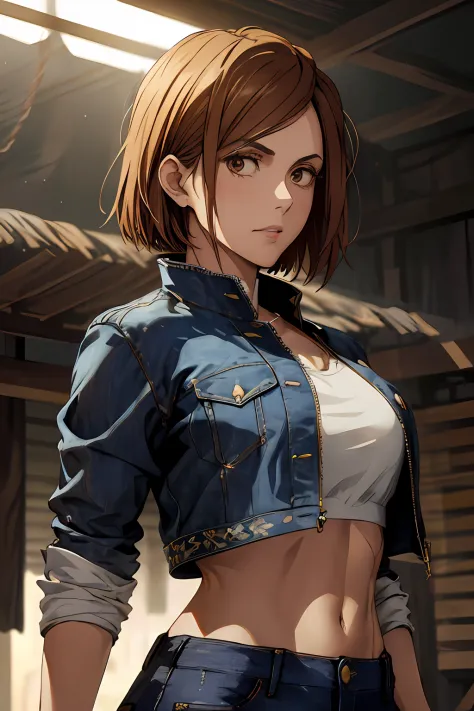 1girl, cowboy shot, beautiful Nobara, crop top, jeans, bangs, jacket,, volumetric lighting, best quality, masterpiece, intricate...