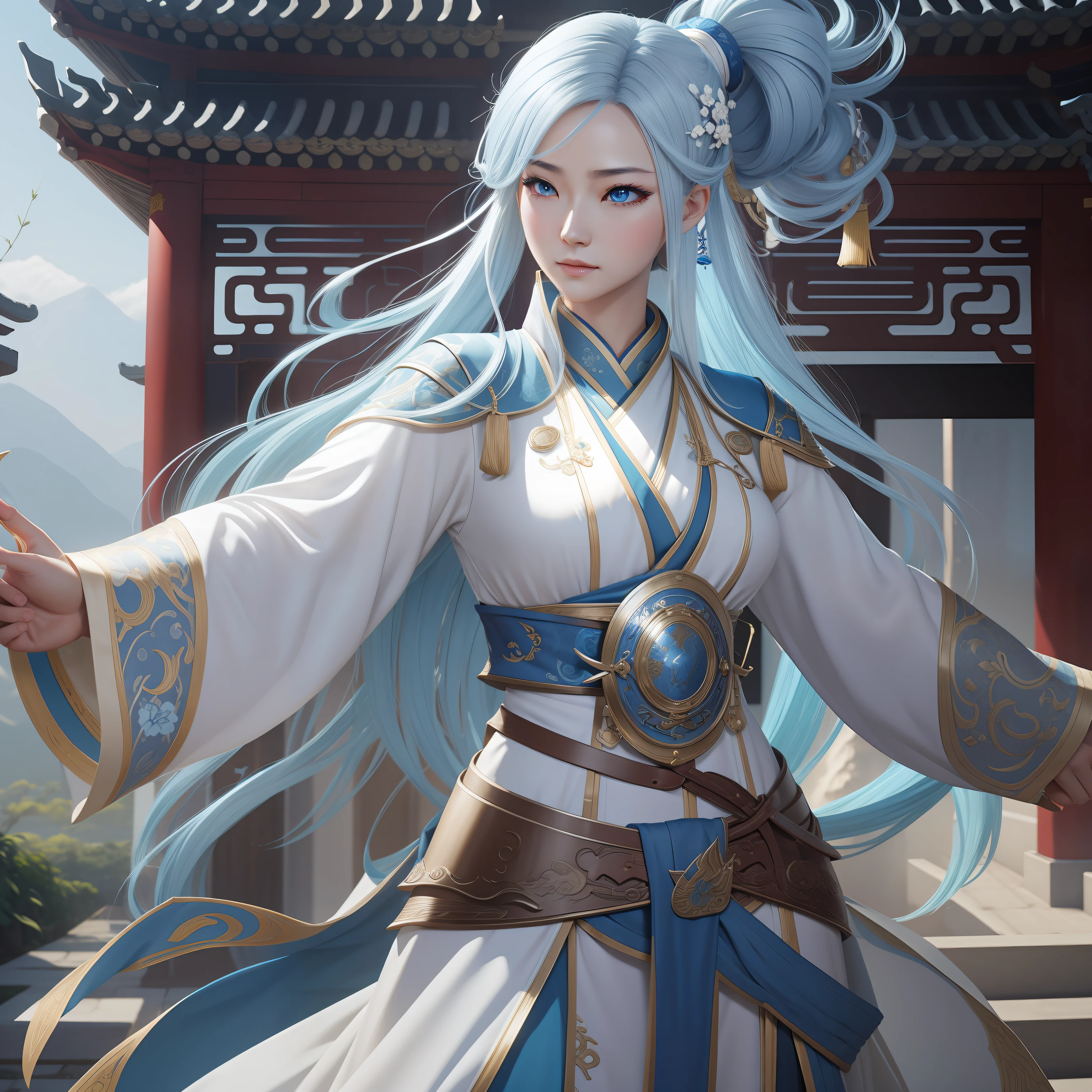 A woman in a blue and white dress holding a sword - SeaArt AI