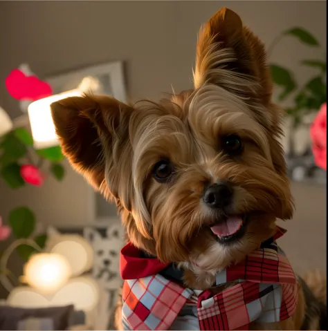 alta resolução, fotorrealista, ultra realista 8k, cinemactic, obra prima,  There is a small Yorkshire terrier dog wearing a bow tie and a polo shirt, sorrindo, Alegre, menino:2, a Sympathetic, aw, Dogs Accepted, very Nice, Kawaii Friendly Dog, olhar penetr...