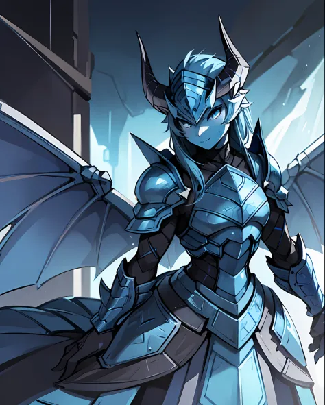 anthropomorphic lizard, gray scales blue tail, insect like blue armor, black horned helm, blue and white insect-like wings, mast...