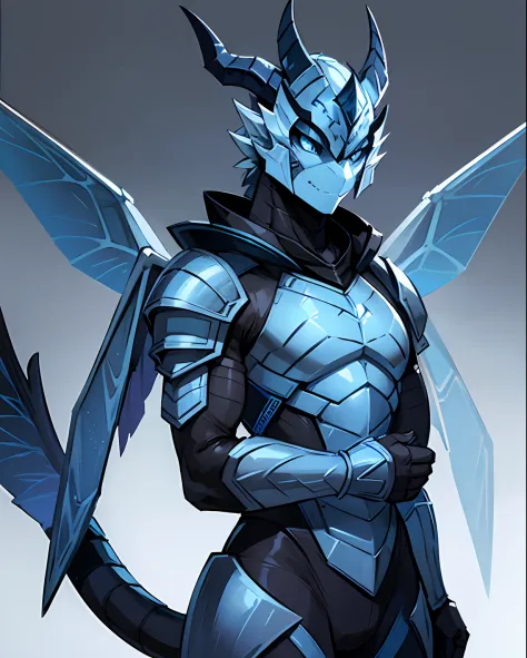 anthropomorphic lizard, gray scales blue tail, insect like blue armor, black horned helm, blue and white insect-like wings, mast...