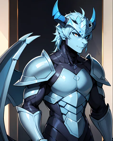 anthropomorphic lizard, gray scales blue tail, insect like blue armor, black horned helm, blue and white insect-like wings, mast...