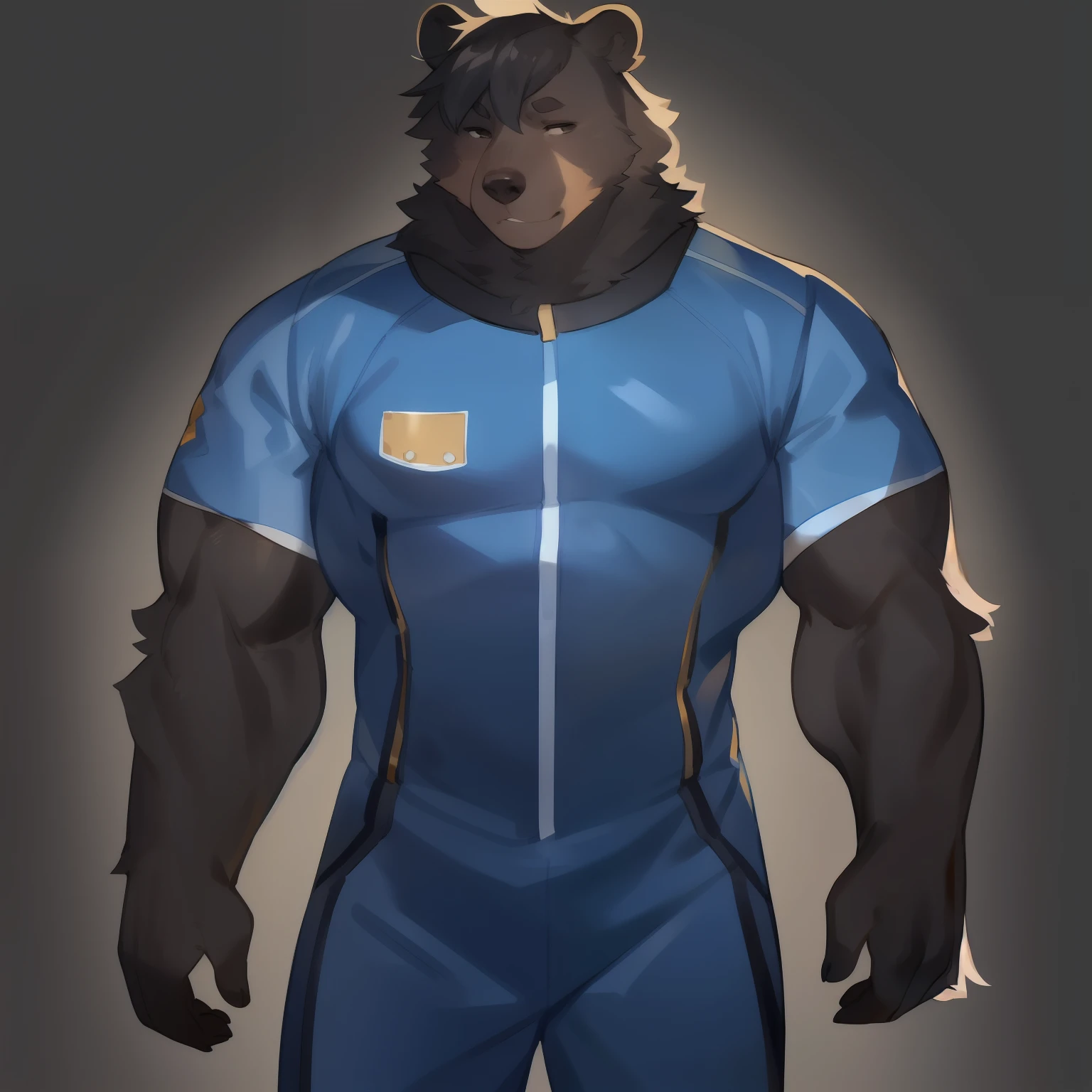 Solo, male, by bebebebebe, by spuydjeks, (((muscular, giant))), standing, black bear, black hair, black fur, simple background, blue military spacesuit