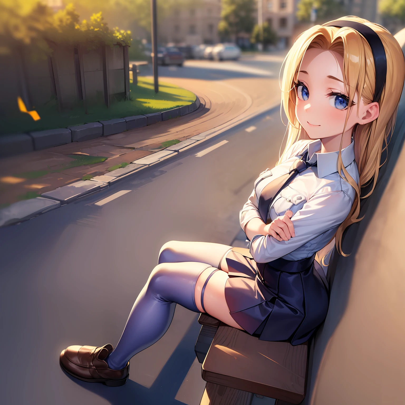 ((masterpiece, high quality, best quality, highres, ultra-detailed, 8k:1.4)), (medici filia), 1girl, solo, breasts, blush, smile, skirt, thighhighs, sitting, school uniform, black skirt, pleated skirt, necktie, shoes, solo focus, miniskirt, bench, crossed arms, crossed legs, alternate legwear, cowboy shot, cloud, blue sky, park, ((beautiful, sexy, from above, depth of field, perspective)), outdoors, straight hair