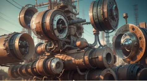 a heavily distorted, fading late morning clear sky, a singular object comprised of contorted machinery/pipes/rusted components is floating in the air, extra detail, 4kHD details, best resolution, surrealistic composition, extreme camera angle, motion blur,...