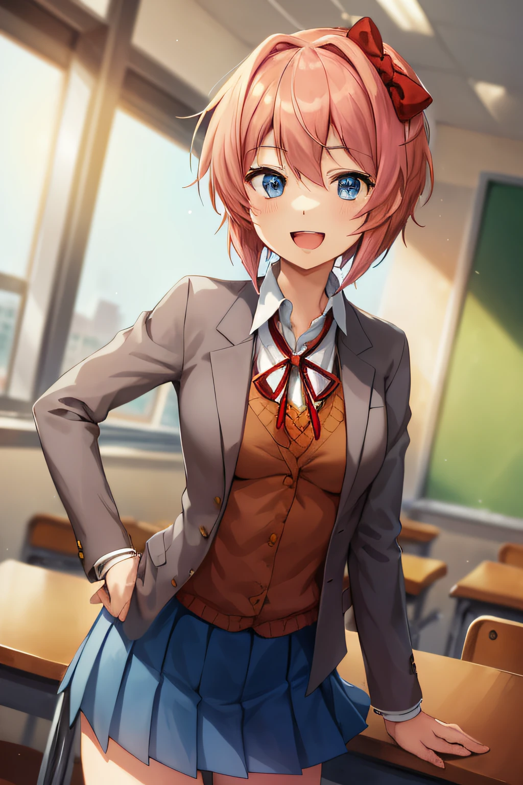 2d, masterpiece, best quality, anime, highly detailed, cowboy shot, 1girl, solo, sayori, blue eyes, pink hair, short hair, hair bow, red bow, , blazer, brown sweater, collared shirt, neck ribbon, blue skirt, standing, clenched hands, :d, classroom