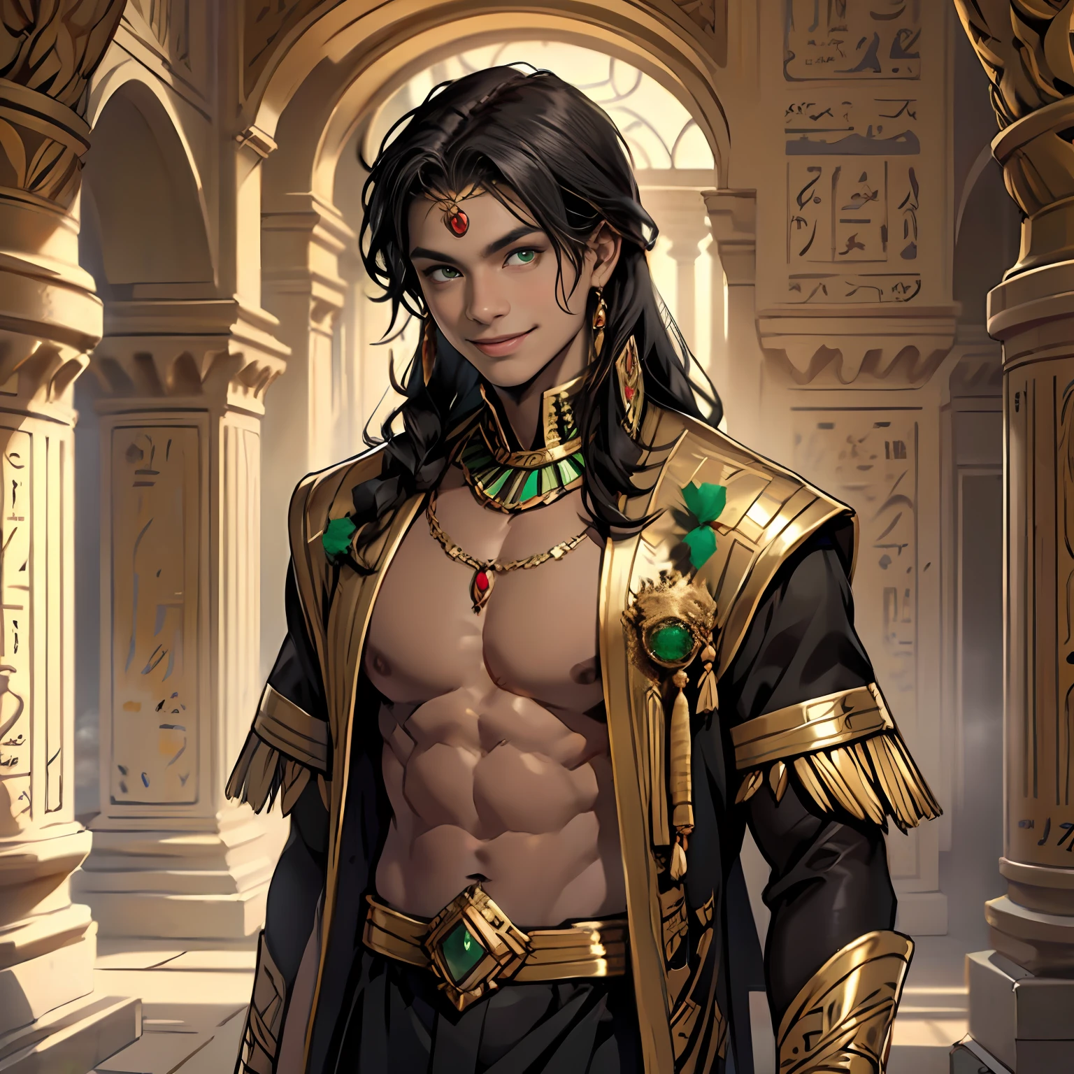 15-year-old male boy walks smiling through the palaces of ancient Egypt black hair brown skin green eyes elegant black clothes with gold with bare chest wears red gold jewelry