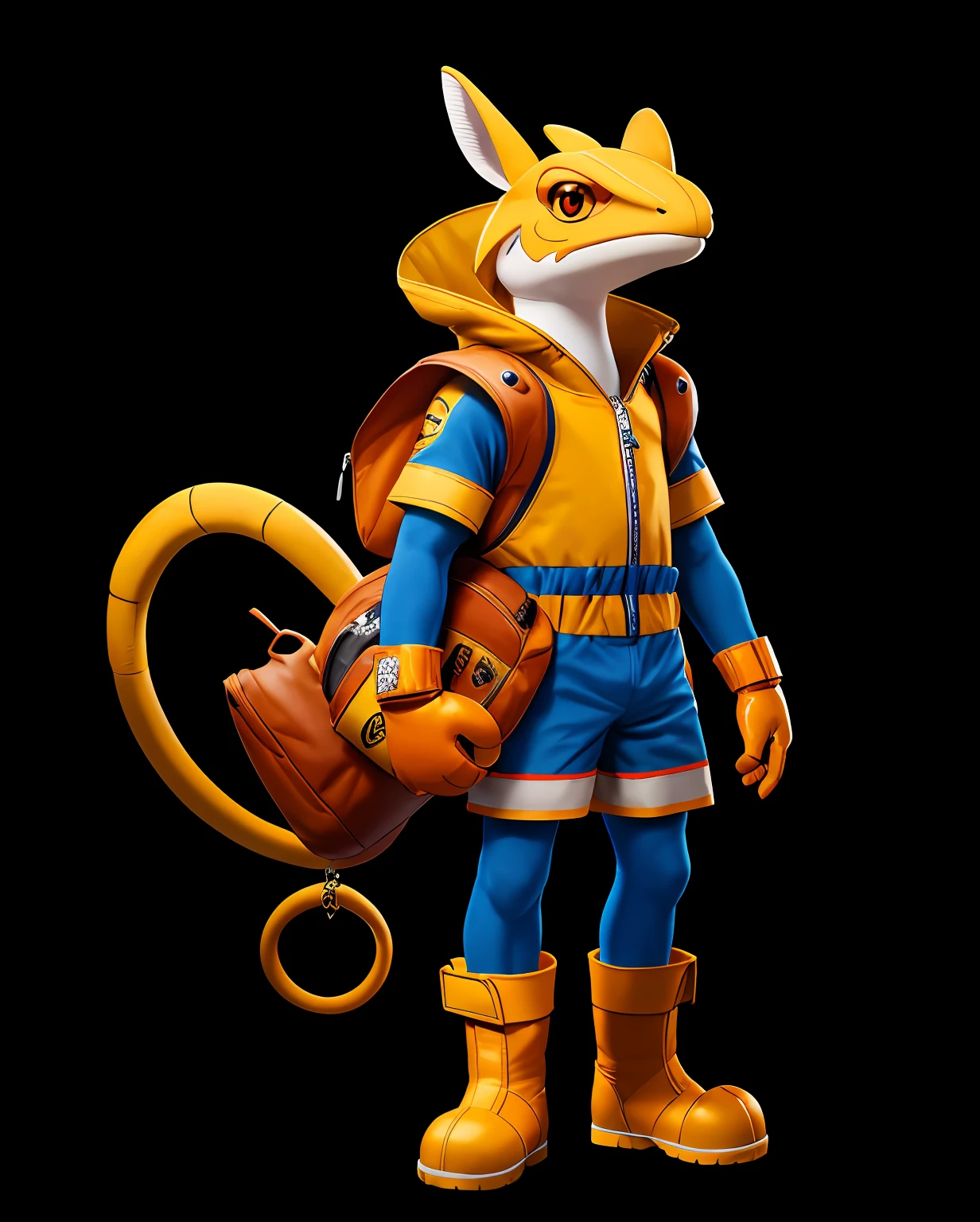 Anthropomorphic Lizard, yellow-orange scals and tail with pale yellow stripes, red boxing gloves and big red boots, a kangaroo-like pouch with a zipper and a stuffed animal in it, blue helm, masterpiece, best quality