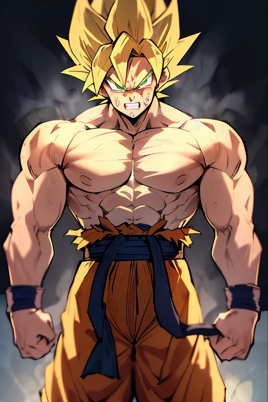 Son Goku, 1garçon, en colère, dégâts de combat, cheveux blond, blue Ceinture, clenched Dents, furieux, yeux verts, foyer masculin, musclé, musclé male, pectoraux, Ceinture, seulement, cheveux hérissés, super saiyan, super saiyan 1, Dents, homme seins nus, vêtements déchirés, bracelet, ((chef-d&#39;œuvre))