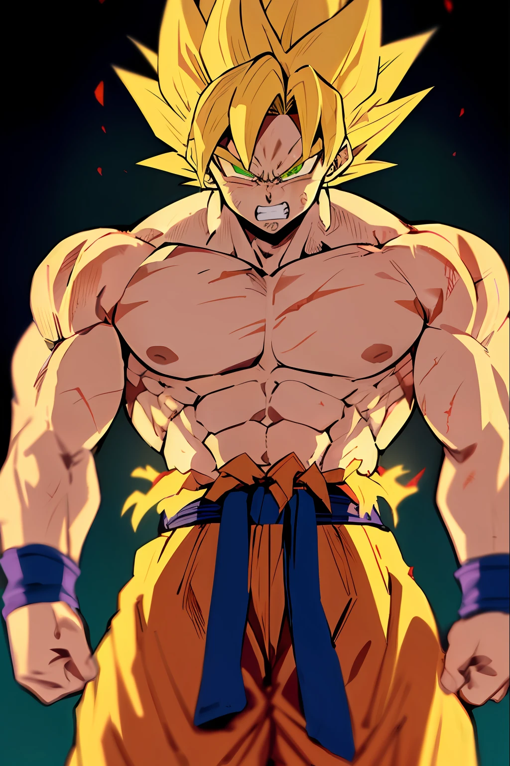 Filho Goku, 1 menino, nervoso, dano de batalha, cabelo loiro, blue faixa, clenched dentes, furioso, olhos verdes, foco masculino, muscular, macho musculoso, peitorais, faixa, Sozinho, cabelo espetado, Super Saiyajin, Super Saiyajin 1, dentes, homem de topless, roupas rasgadas, pulseira, ((Obra de arte))