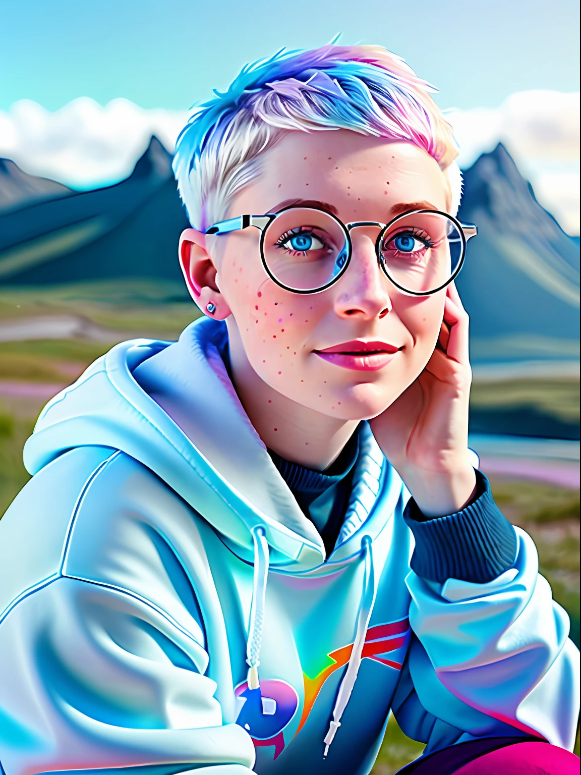 Portrait of ilya kuvshinov and annie leibowitz beautiful smiling  [white swedish blonde] woman with some freckles wearing [hoodie], rainbow circle-glasses, [short hair, (((pixie cut)))], azure eyes,snow covered mountain landscape background. synthwave watercolor on canvas trends artstation dramatic lighting abstract expressionism pastel tones (HD) golden ratio detail aesthetics octane rendering excellent composition natural texture 8k oil painting masterpiece Canon eos r4s 50