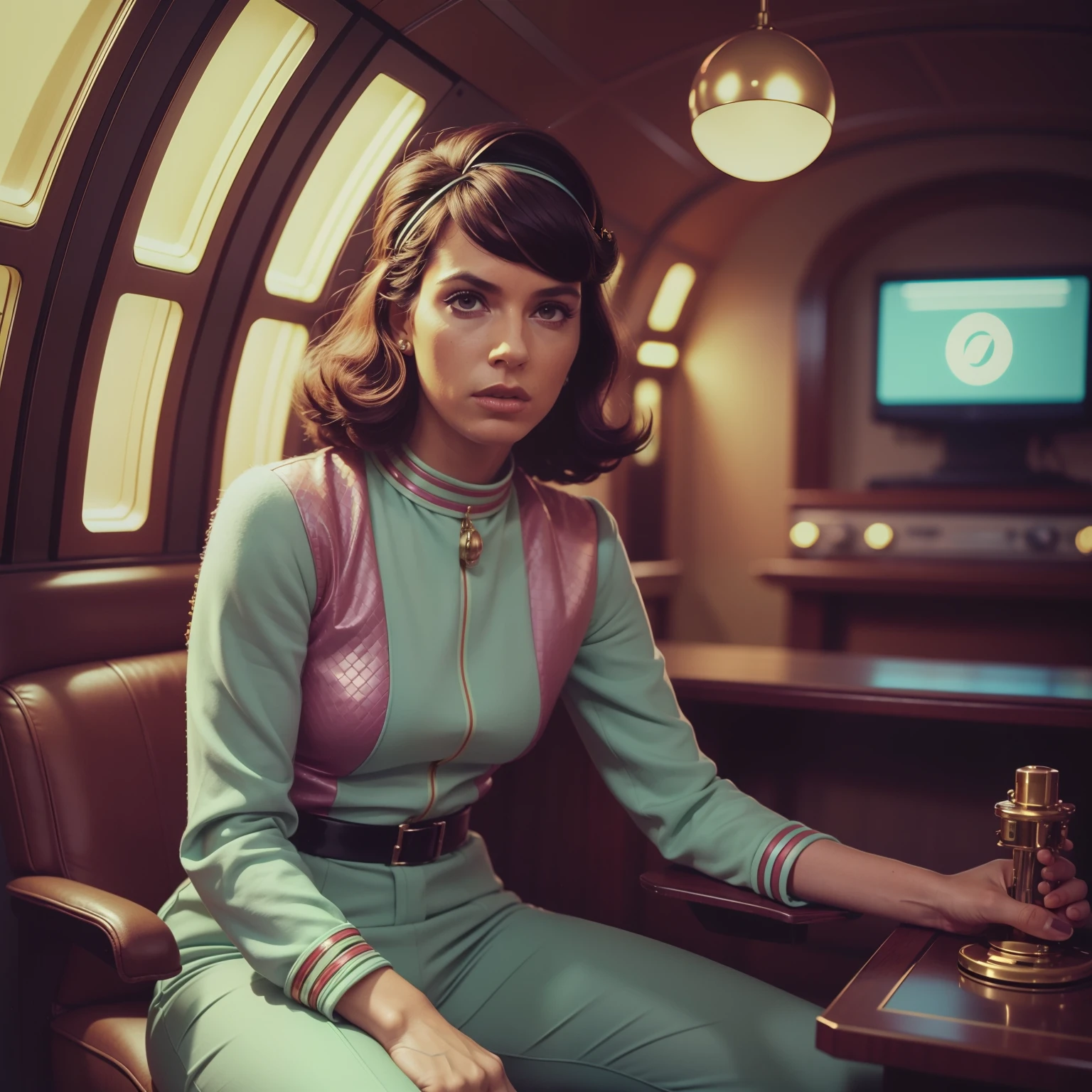 4k-Bild aus einem Science-Fiction-Film aus den 1970er Jahren, echtes Bild von Wes Anderson, Pastellfarben, Schlangenhautmann trägt retro-futuristische Modekleidung aus den 70er und 60er Jahren mit antiken futuristischen Ornamenten mit einem mechanischen Haustier, Natürliches Licht, filmisch, Psychedelisch, seltsam futuristisch, retro-futuristisch, fotorealistisch, Scharfe Hintergrunddetails.