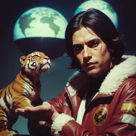 4k image from a 1970s science fiction film, imagem real por Wes Anderson, pastels colors, Man with tiger face painted and his me...