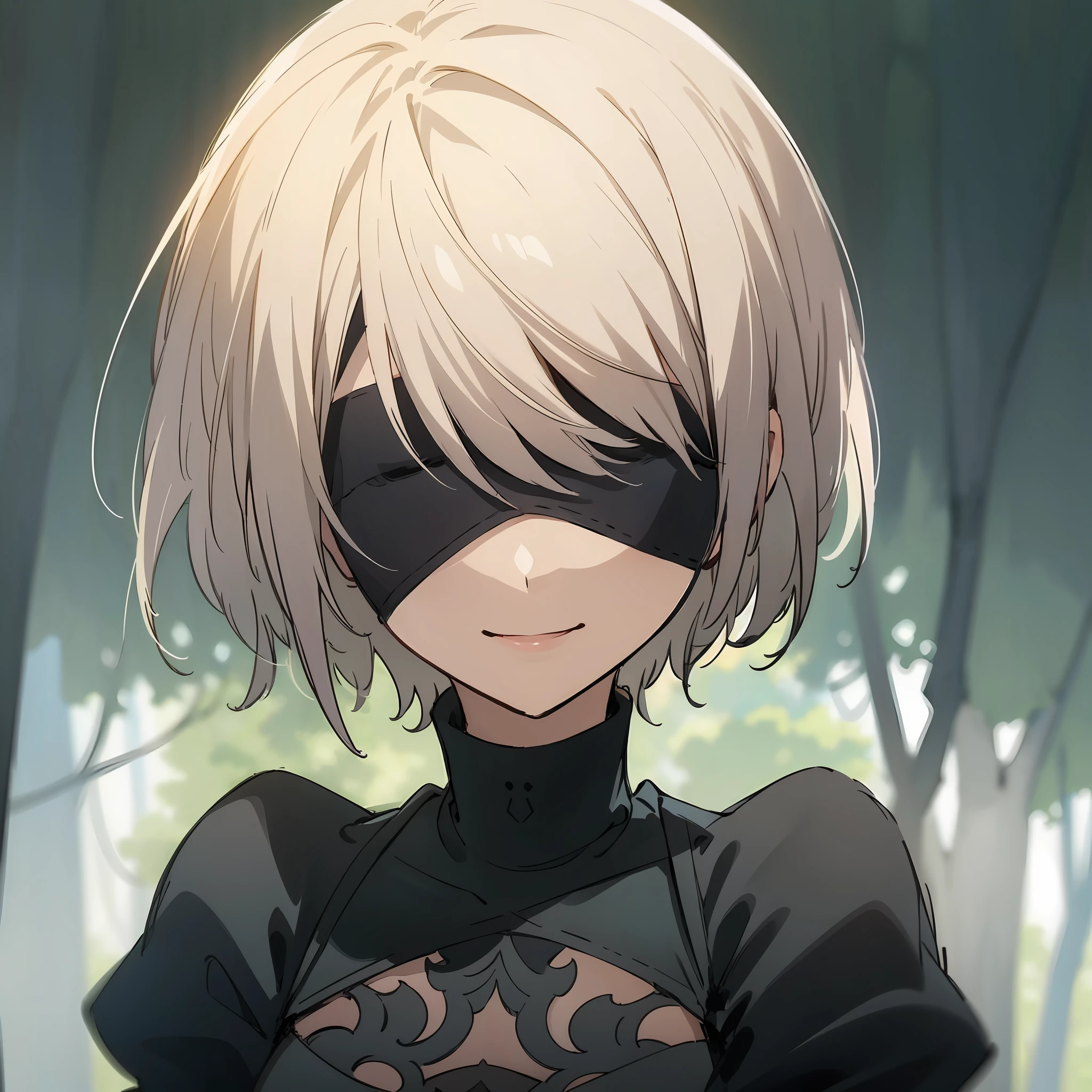 Masterpiece, best quality, 2B, black blindfold, in the forest, sketch style, sketch line, cute smile, best detailed forest,