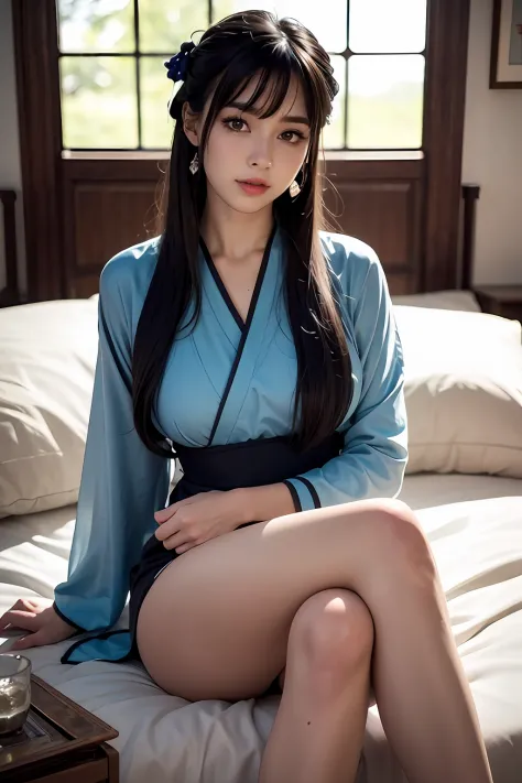 ulzzang-6500-v1.1, (raw photo:1.2),((photorealistic:1.4))best quality, masterpiece, cross legs, seductive, illustration, an extremely decision and beautiful, extremely detailed, CG, unity,8k wallpaper, bare legs, split skirt, cleavage display, flat belly d...